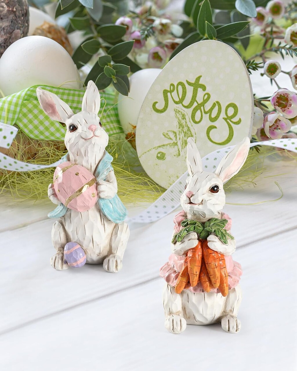 Easter Bunnies, 2 Resin 5'' Bunny Figurines with Resurrection Eggs & Carrots - Hand Painted Statue Spring Decorations for The Home Decor Office Gift (Easter Bunny)